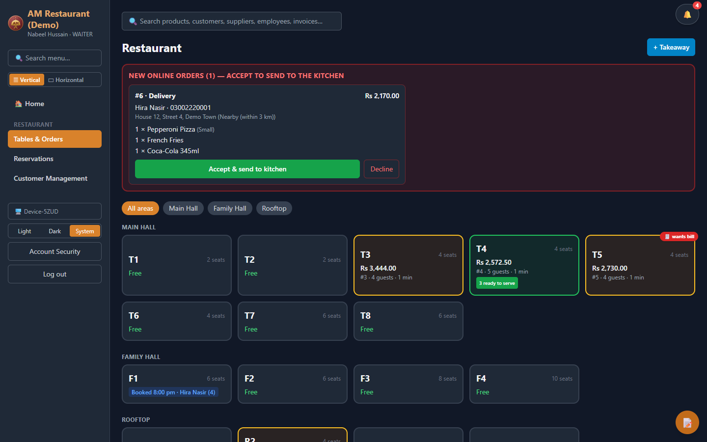 AM Restaurant Manager screenshot (sample data)