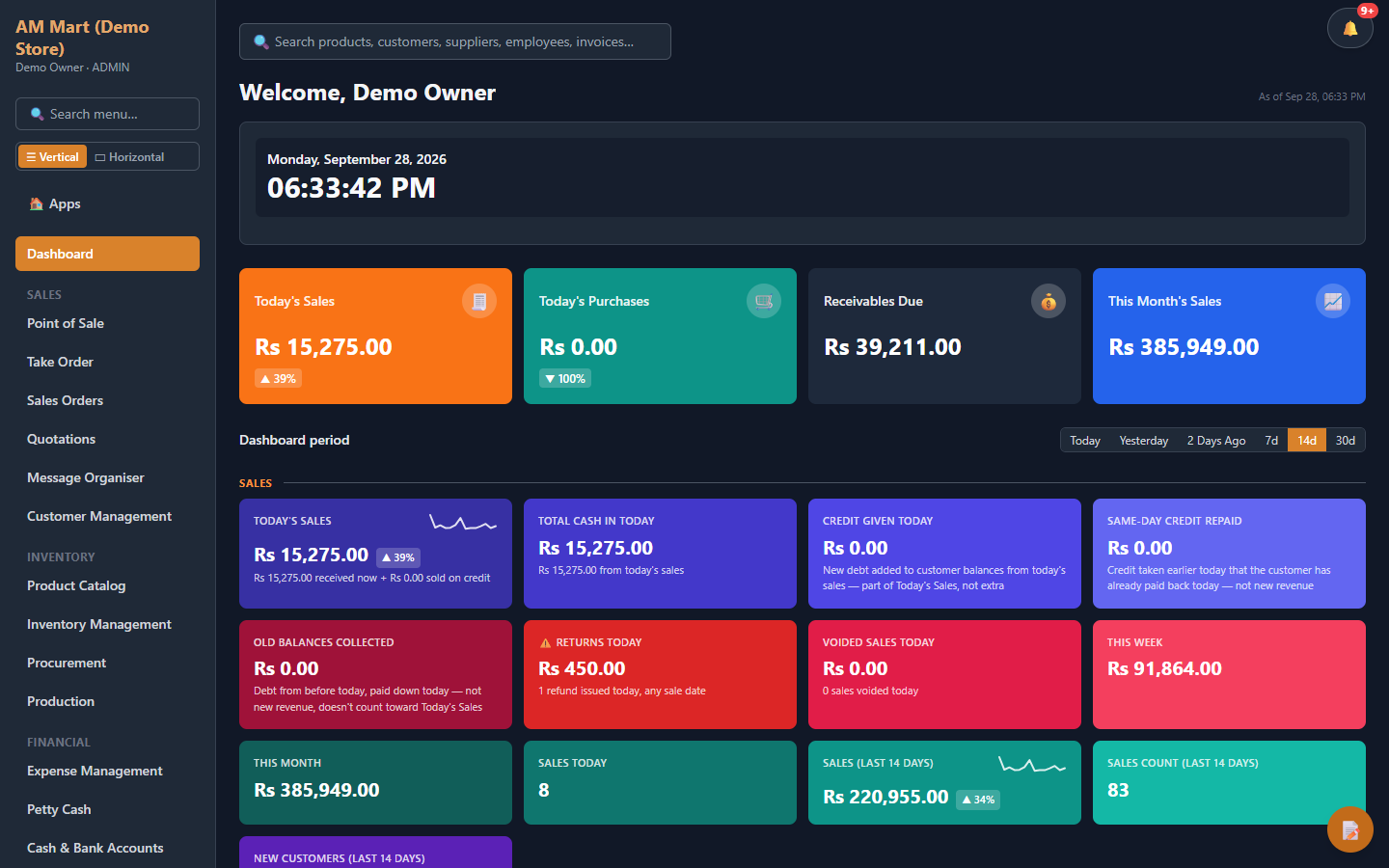 AM E-Suite dashboard screenshot (sample data)